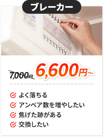 ブレーカー：6,600円～。✔よく落ちる。✔アンペア数を増やしたい。✔焦げた跡がある。✔交換したい。